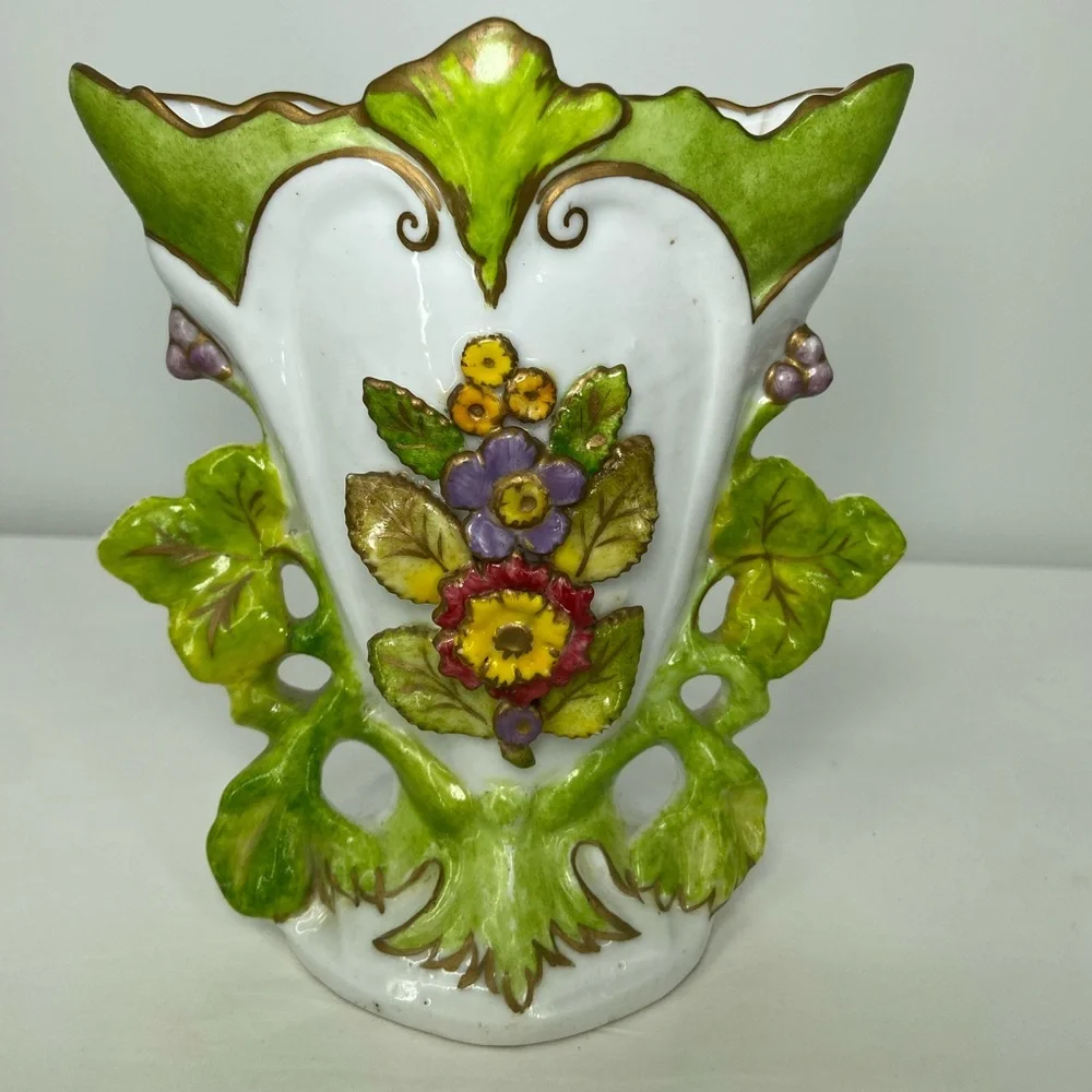 Vintage Hand Painted Porcelain Vase‎ white with Strong Green Accents & Florwers